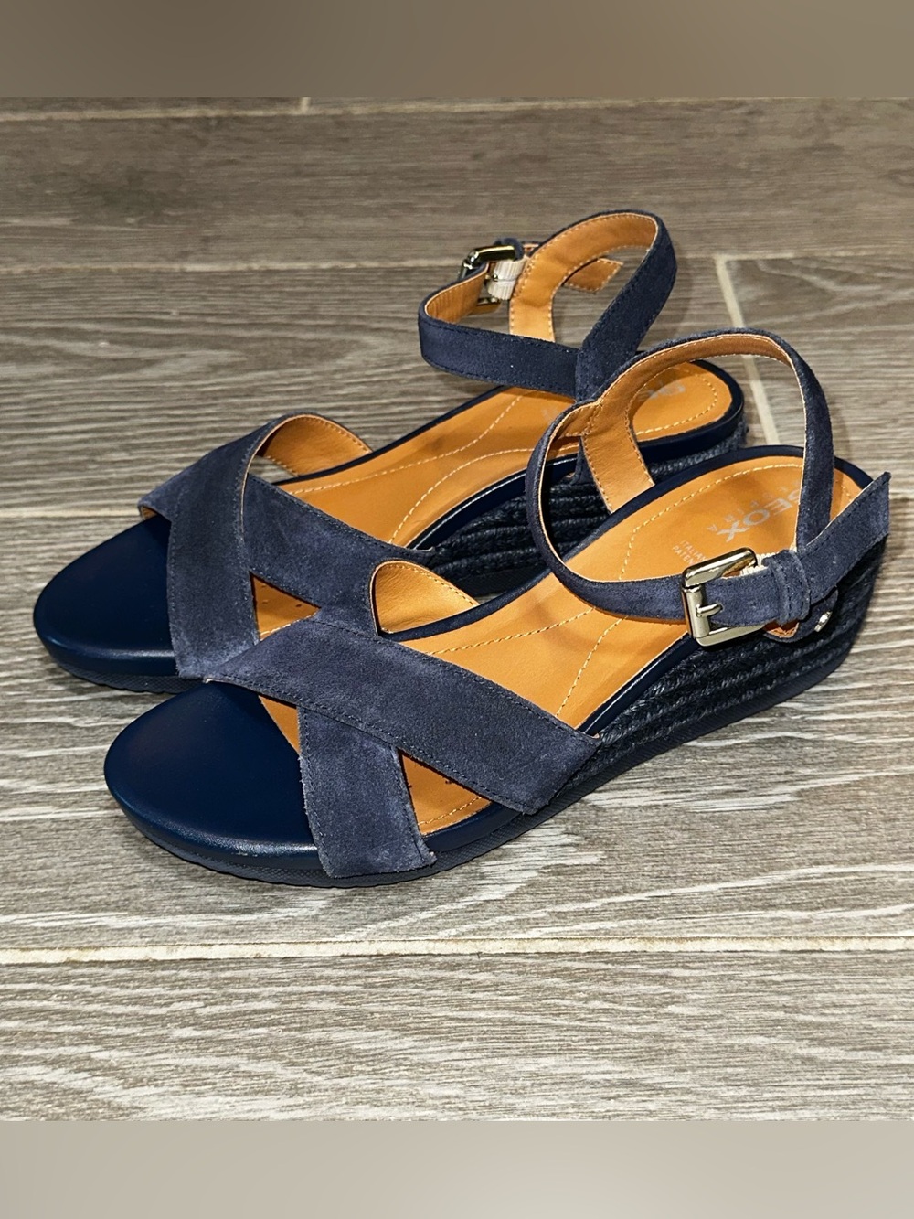 Geox Respira Ischia Corda Women’s 38 Sandals Italian Blue Suede Espadrille Wedge